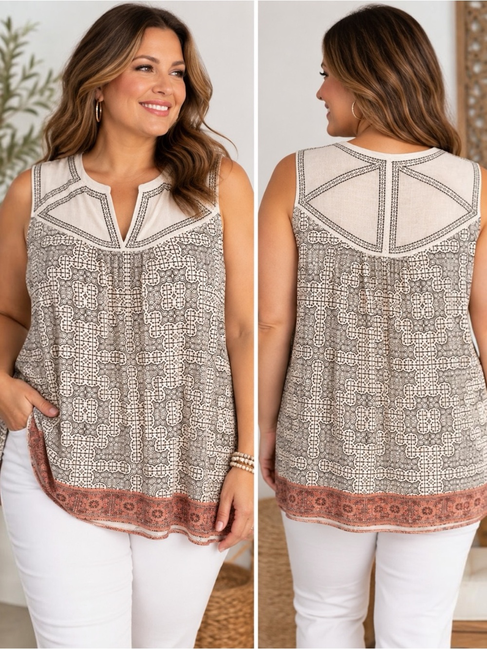 Eliane Rose 1X Boho Geometric Sleeveless Tunic Top Embroidered Yoke Ivory Rust